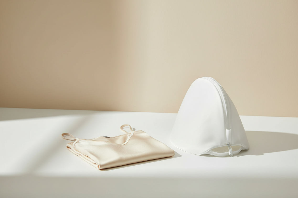 Silk care item with a folded delicate garment beside a gentle laundry wash bag on a clean surface