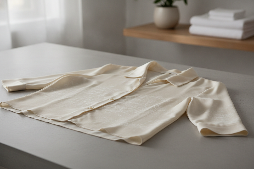 Silk garment laid flat after a gentle rinse, showing a faint chalky white film under soft daylight