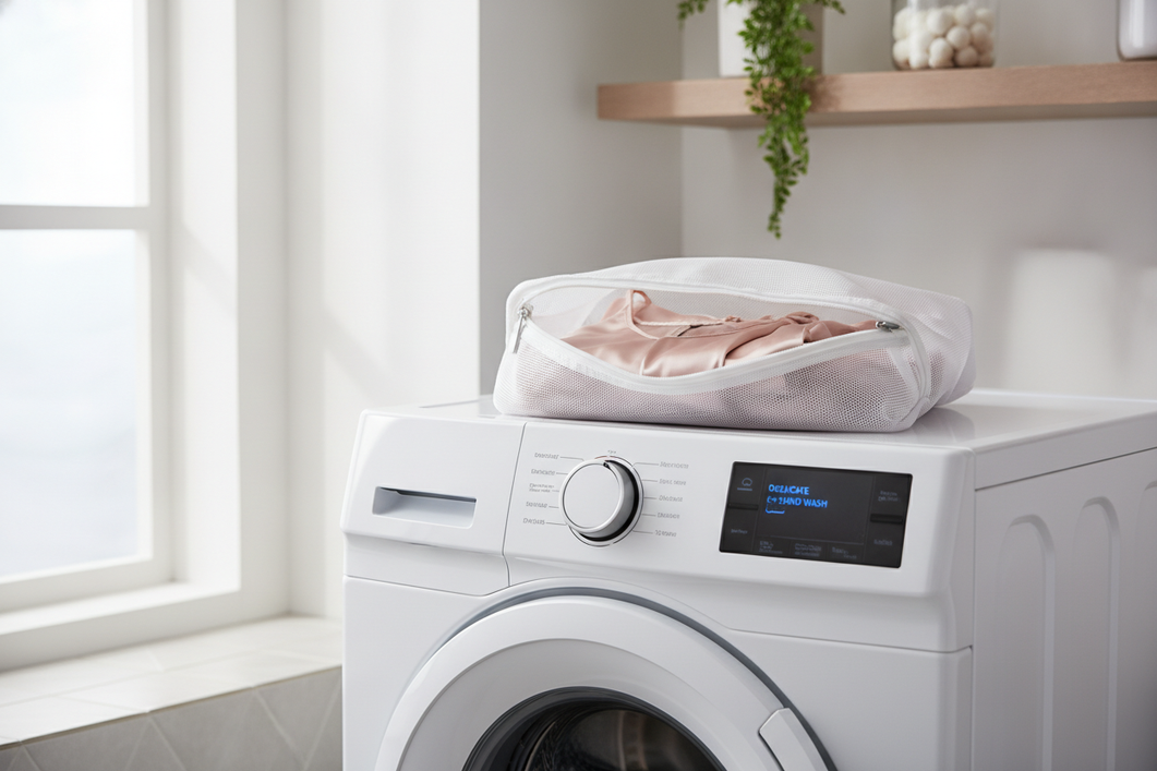Folded silk garment inside a mesh laundry bag beside a gentle washing machine setting