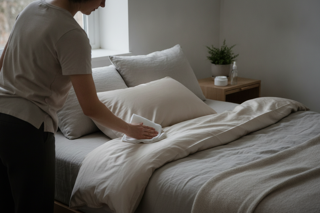 Person blotting a silk pillowcase with a clean white cloth beside a bottle of topical medication on a bedside table