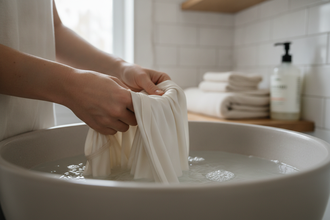 Close-up of silk sleepwear turned inside out in a laundry basin, showing careful hand washing for routine care