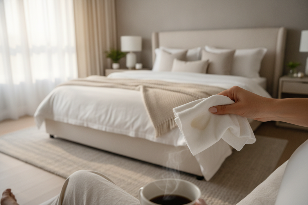 Silk pillowcase with a fresh sunscreen or body oil mark being gently blotted with a clean white cloth on a bed
