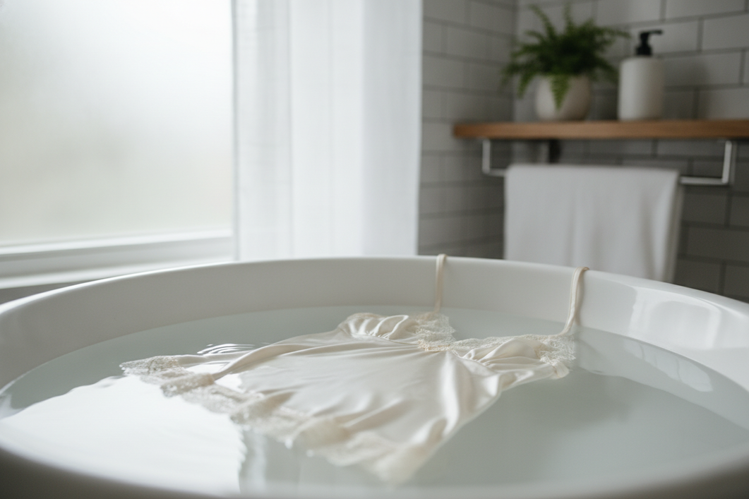 Silk pajama top resting in a clean basin with water ready for a short hand-wash soak