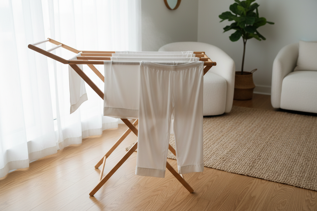 Silk pajamas and pillowcase drying flat on a clean towel in shaded airflow after washing