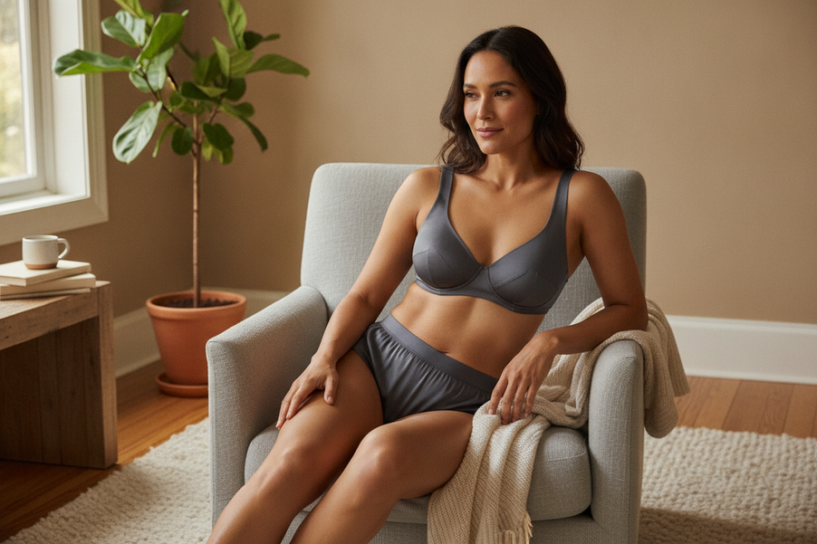 Silk bra and matching lingerie set shown as an elegant everyday wear product on a model