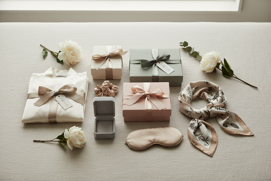 Bridal party flat lay with silk gift accessories, wrapped presents, and coordinated styling in soft neutral tones