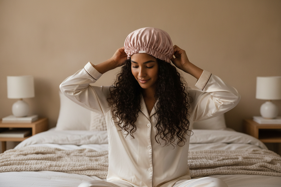 Woman adjusting a silk sleep bonnet before bed in a bedroom