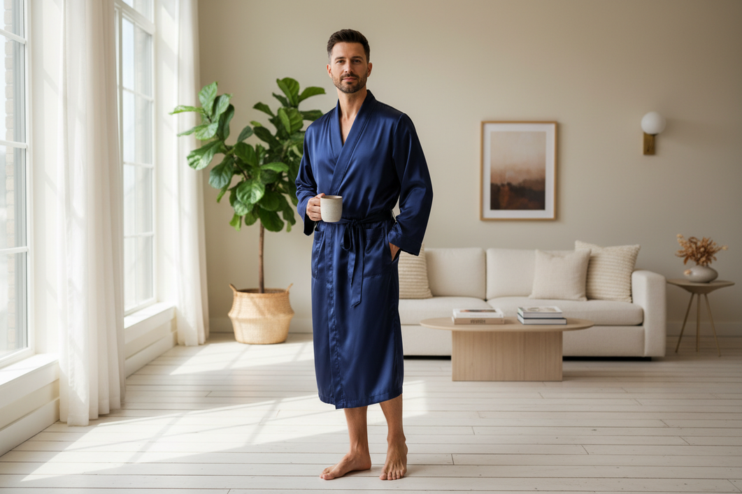 Men’s silk robe styled on a man standing in a relaxed indoor setting, showing a comfortable wrap fit for lounging
