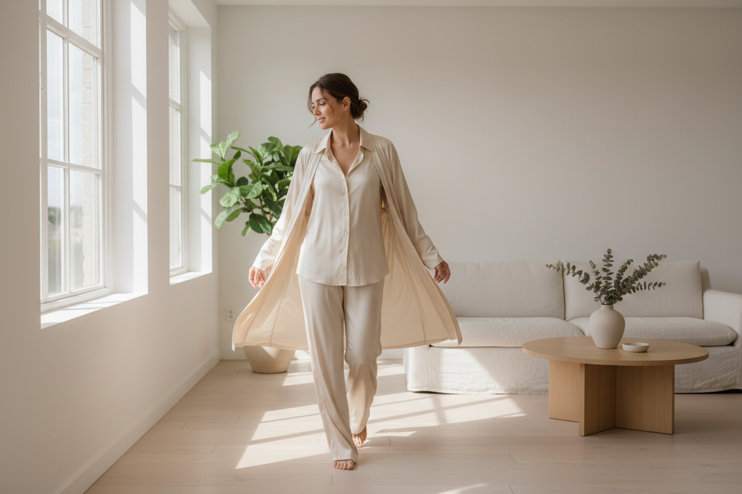 Silk outfit for a humid day in a breezy indoor setting