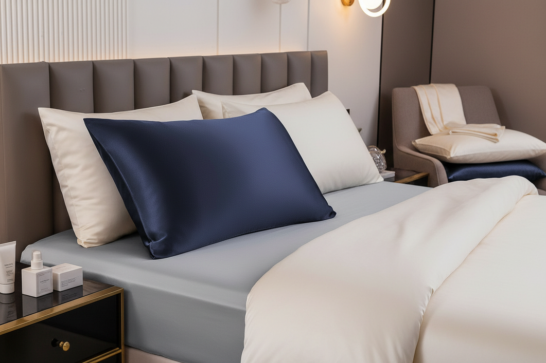 Silk pillowcase arranged on a neatly made bed as part of a low-residue nighttime skincare routine