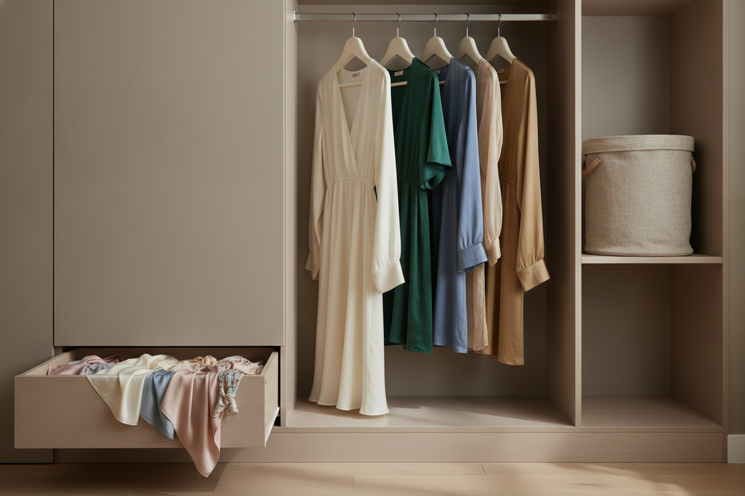 Open small closet and drawer arranged for loose, shaded silk storage, with folded silk garments, scarves, and sleepwear separated by type.