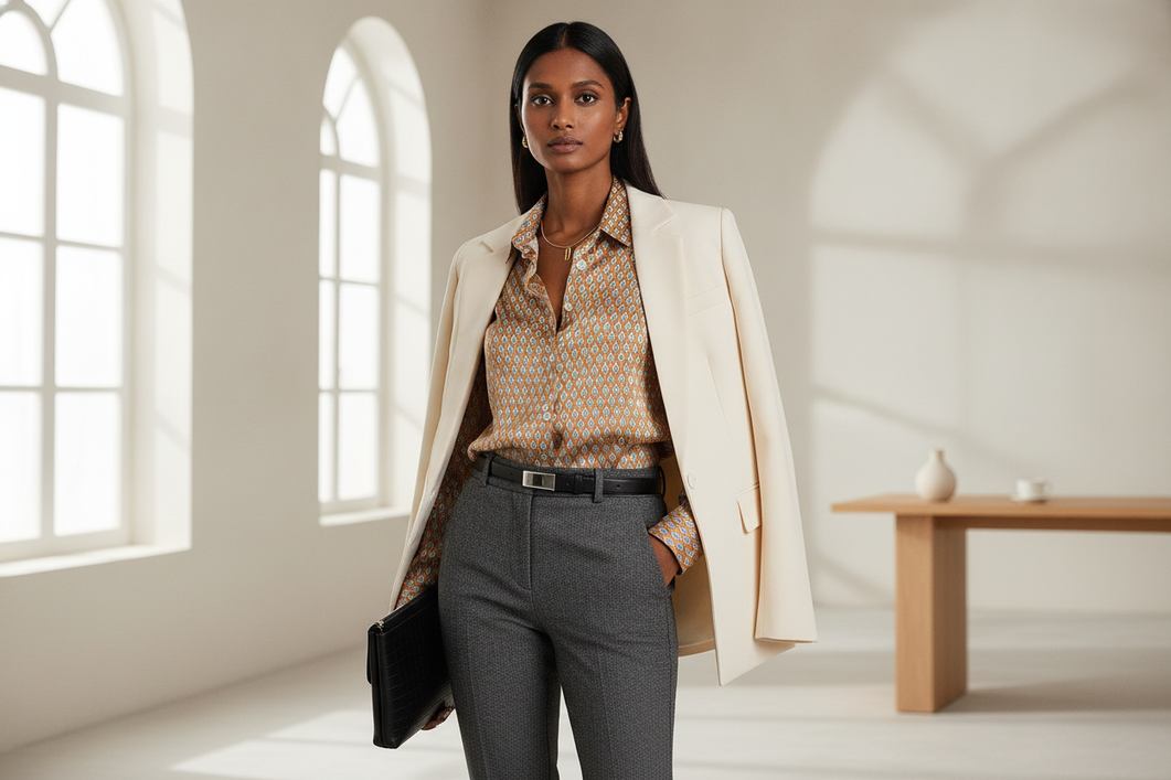 A polished silk work shirt styled with tailored office clothing in a bright professional setting.