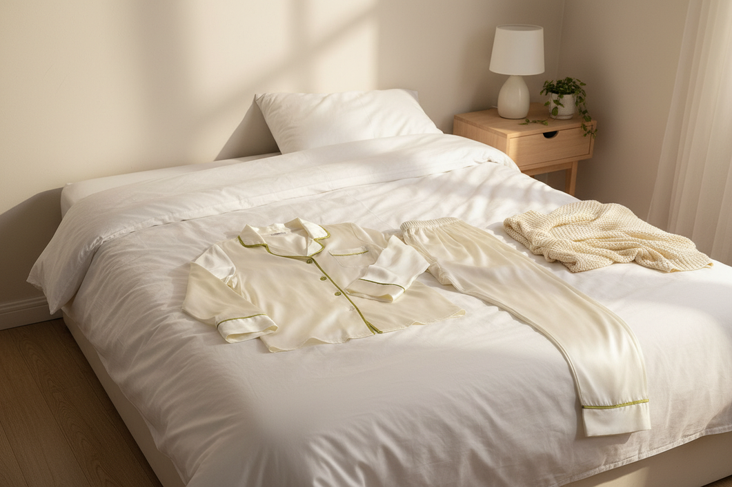 Silk pajama set arranged on a neatly made bed in a calm bedroom, showing a relaxed fit with room to move.