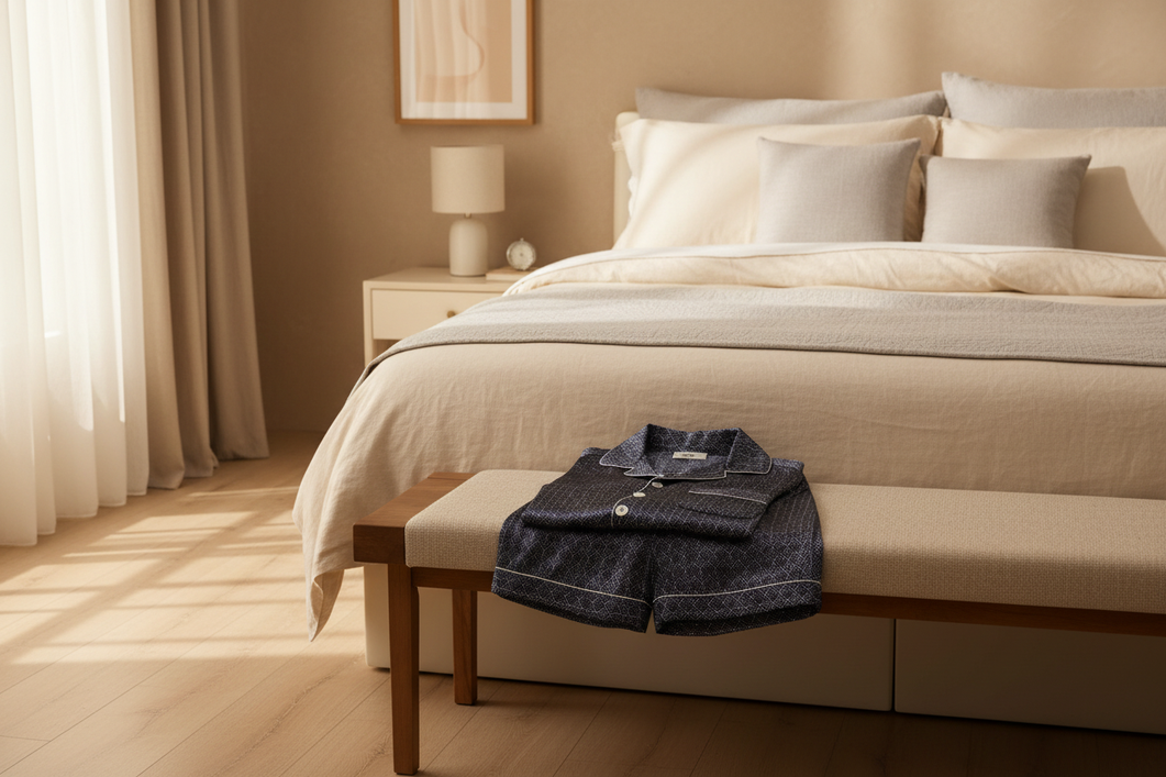 Men’s silk pajama set arranged in a polished bedroom setting for an online shopping guide