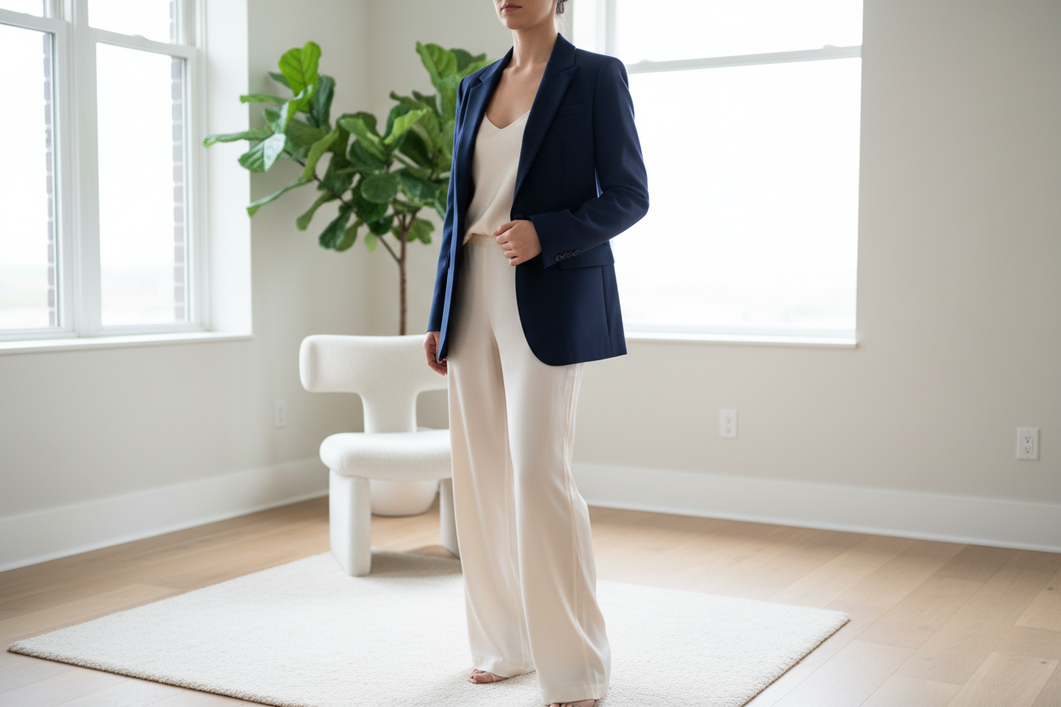 A complete outfit with a silk layer worn under a blazer, styled for a polished everyday look.