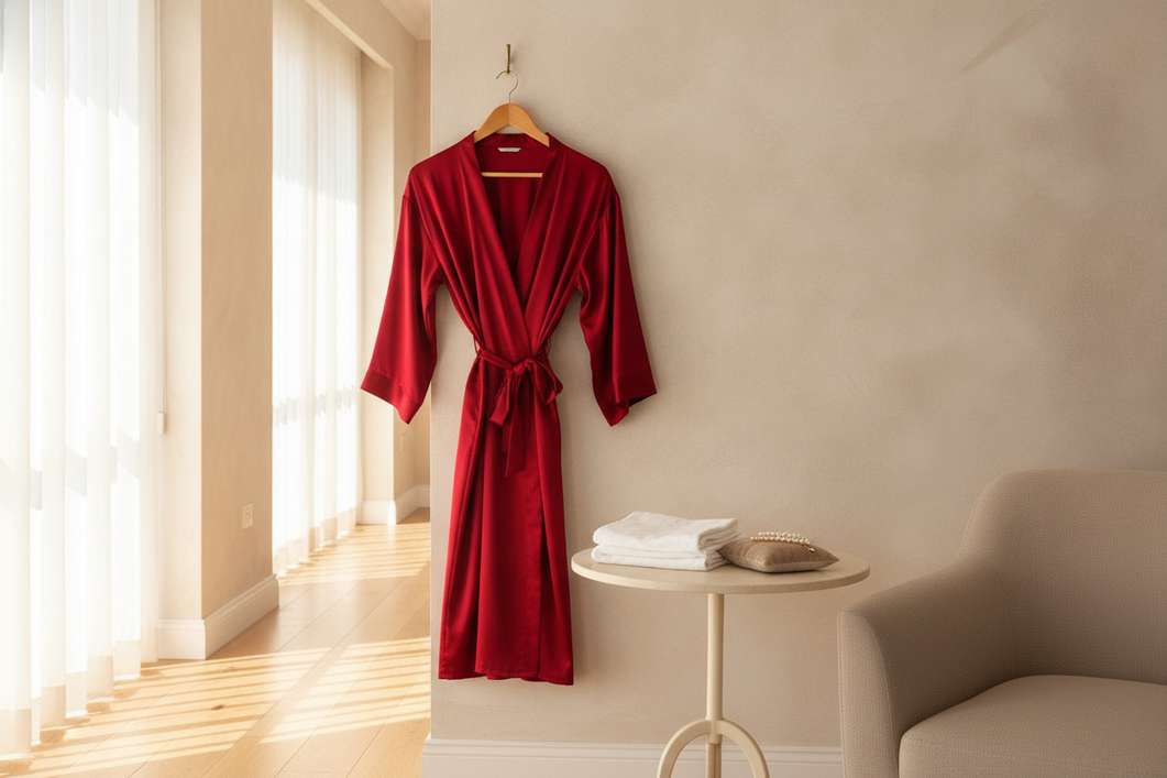 Elegant silk robe arranged in a bright bridal suite for wedding-morning preparation