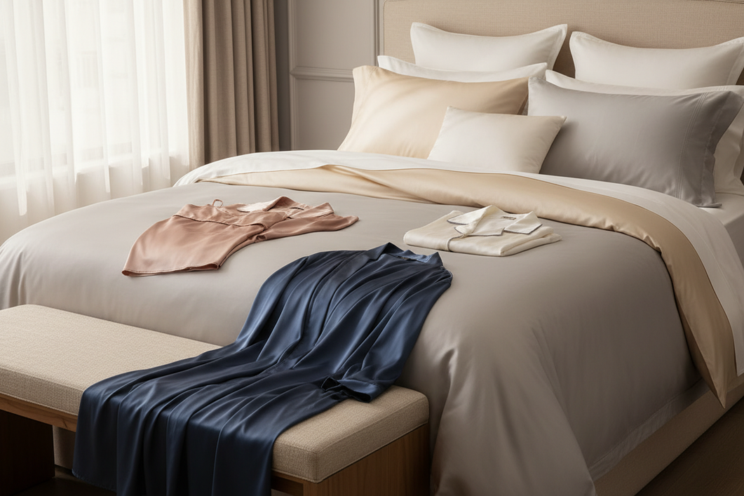 Silk bedding and clothing arranged to suggest different fabric weights and uses