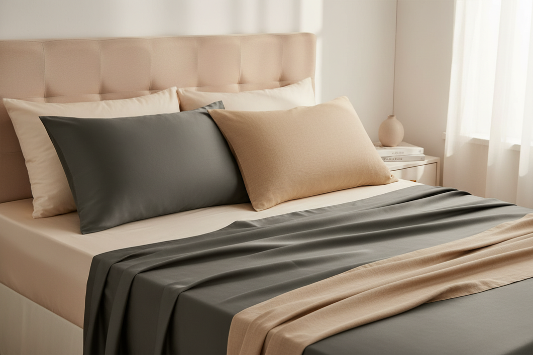 Elegant silk bedding arranged as a broad shopping guide hero image, showing a smooth uniform textile beside a more textured distinctive textile.