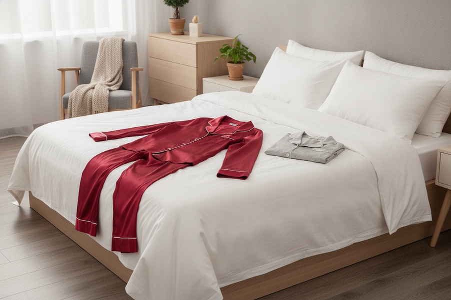 Silk pajama set arranged in a calm shared bedroom with a second sleepwear option nearby