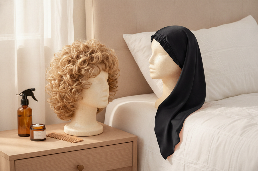 Silk bonnet shown as part of a nighttime wig-care setup beside a neatly arranged wig and sleep essentials