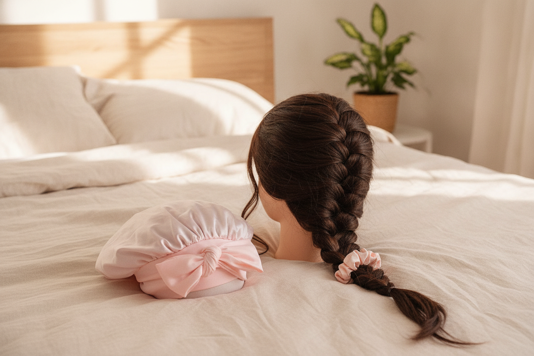 Silk bonnet arranged over a full wig or extension style for overnight protection