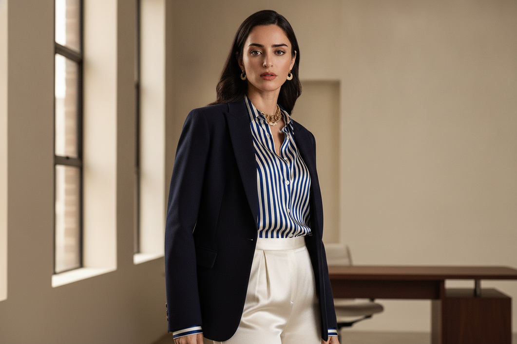Silk button-up shirt styled under a blazer in a polished workwear outfit