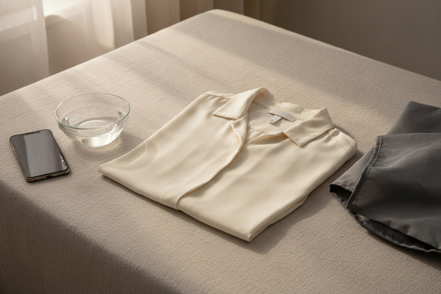 Silk garment with a care tag beside a phone and laundry supplies, representing the decision to follow the complete care label before cleaning.