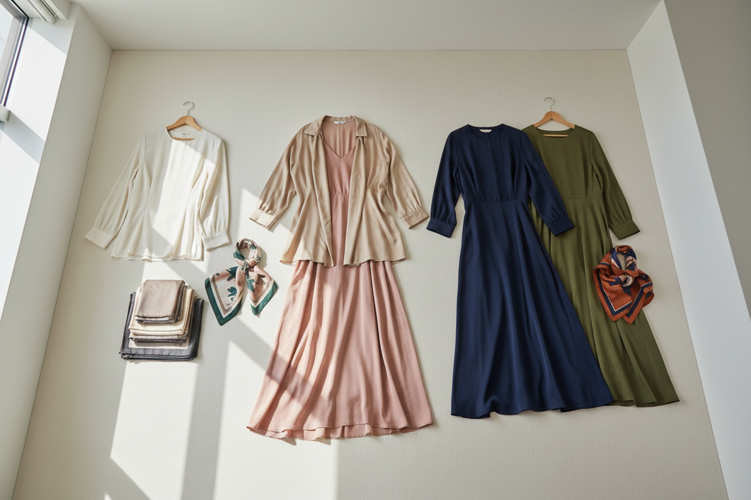 Coordinated silk capsule wardrobe with dresses, tops, and scarves arranged in a balanced color palette