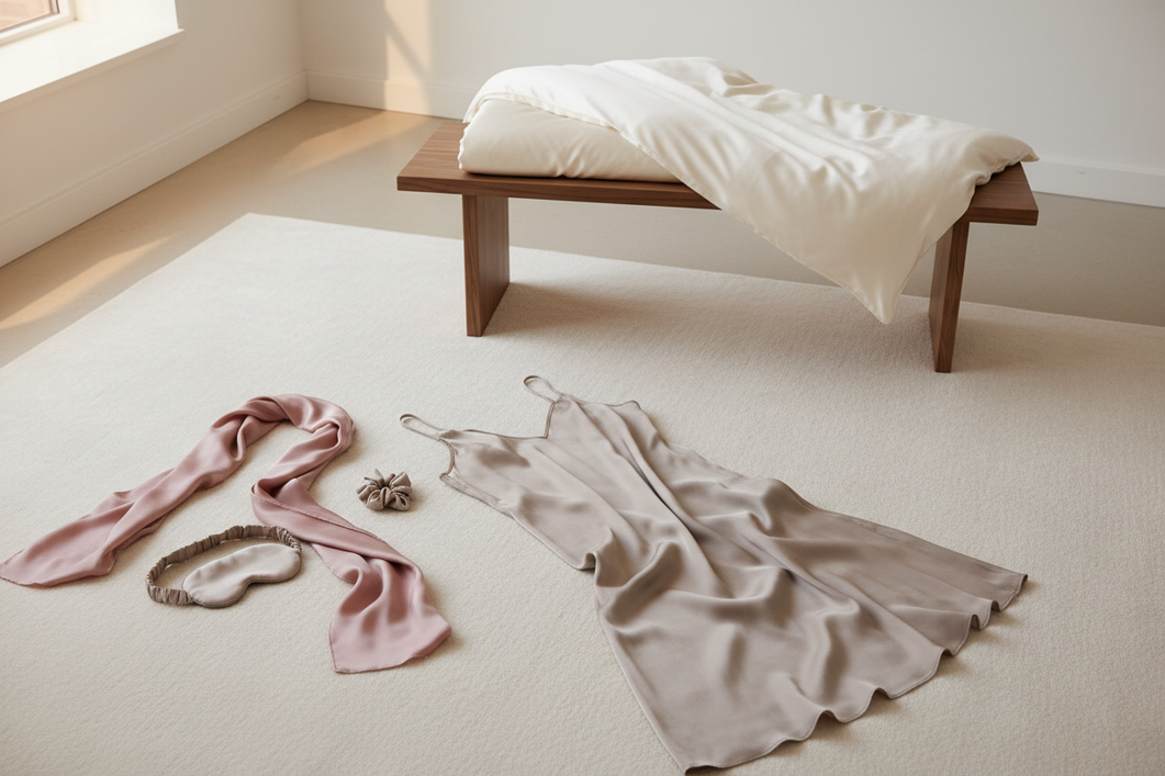 Coordinated silk outfit, scarf, and bedding pieces arranged in a neutral room to illustrate base, supporting, and accent colors