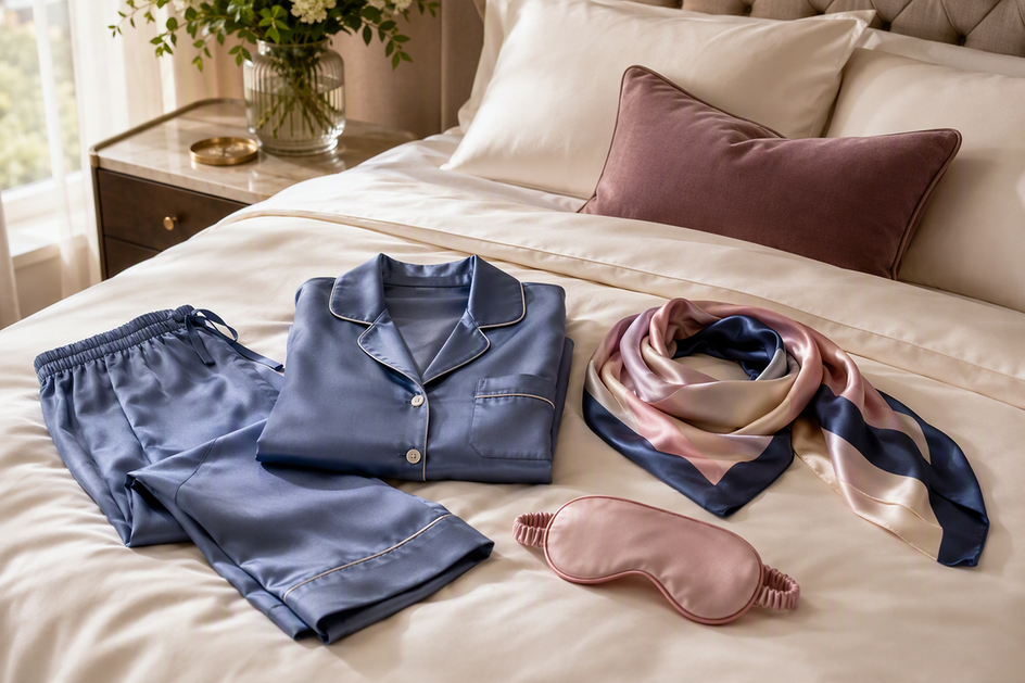 Coordinated silk sleepwear, scarf, and eye mask arranged together on a neatly made bed