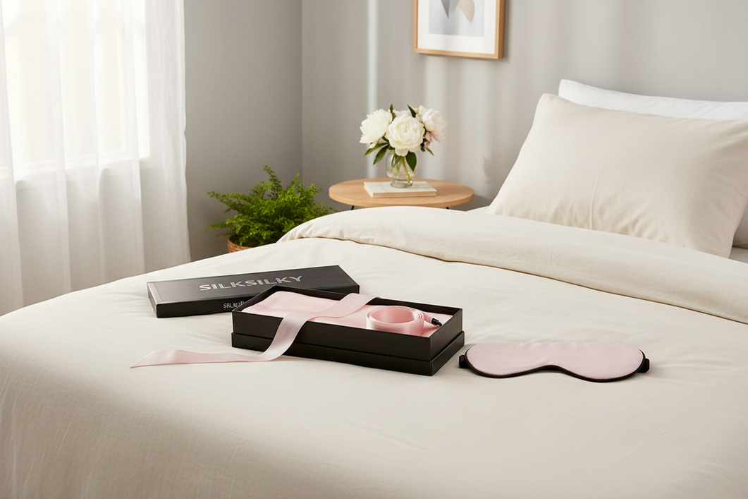 Silk pillowcase and eye mask gift set styled in a bright new-home bedroom setting