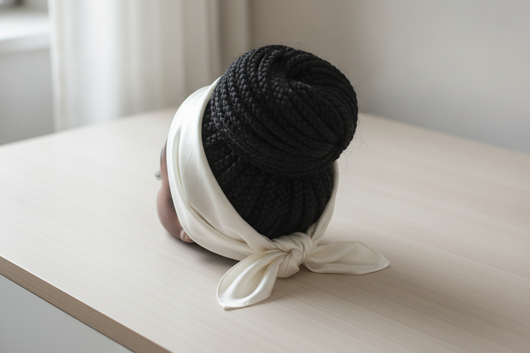Silk square scarf arranged over a protective hairstyle for overnight coverage