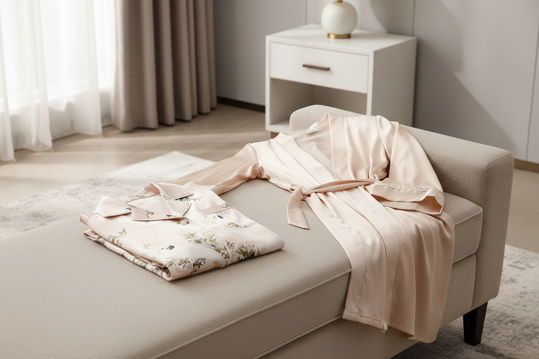 Elegant silk sleepwear arranged as a polished editorial hero for comparing pajamas, a nightgown, and a robe.