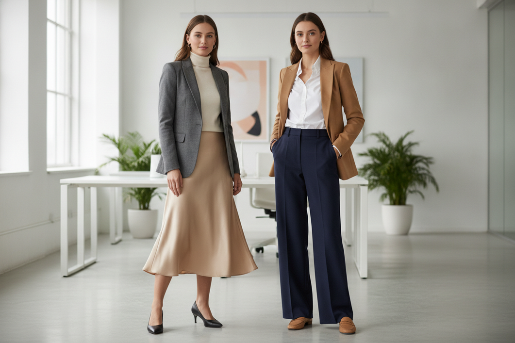 Two polished office outfits comparing a silk skirt with wide-leg pants in a bright professional setting