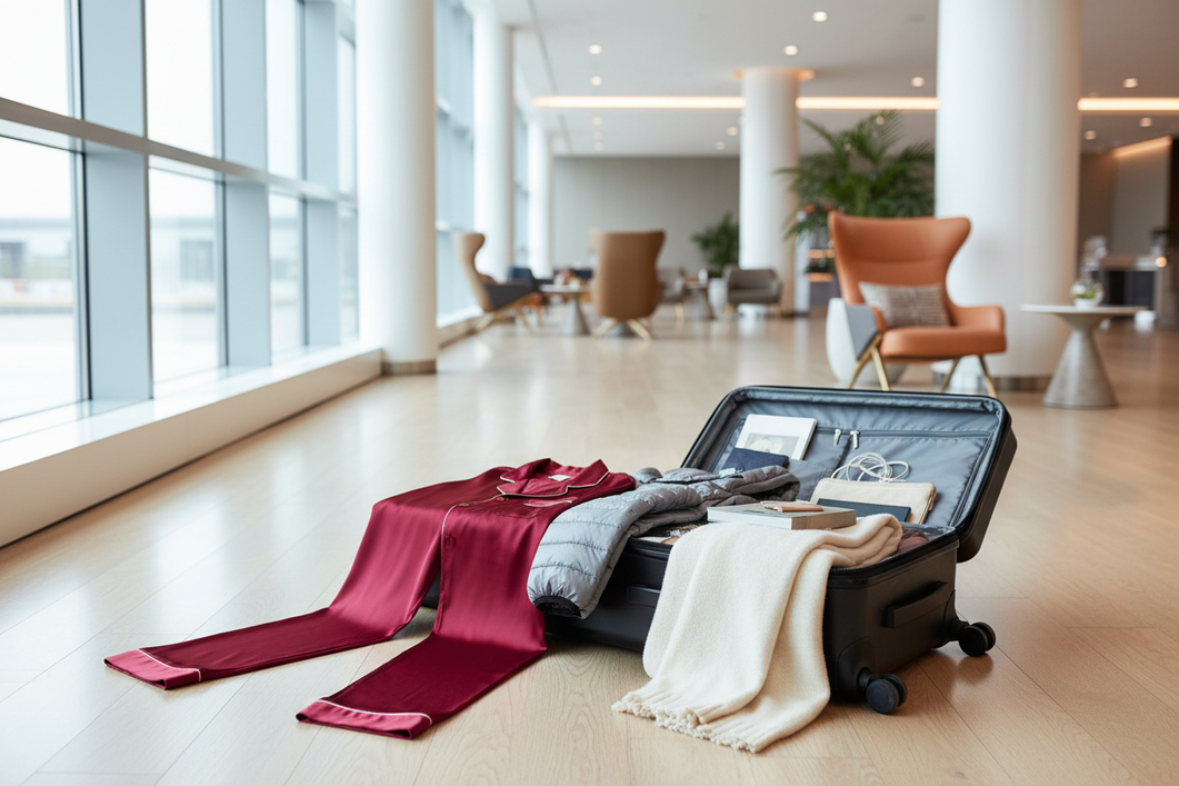Silk sleepwear layered with a removable insulating layer and coverage layer beside a carry-on in an airport lounge