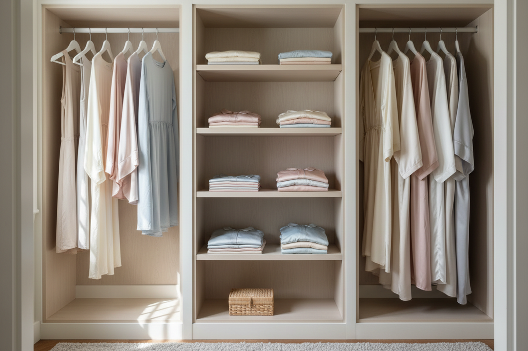 Small closet with silk garments organized between folded shelves, a hanging section, and an easy-access area