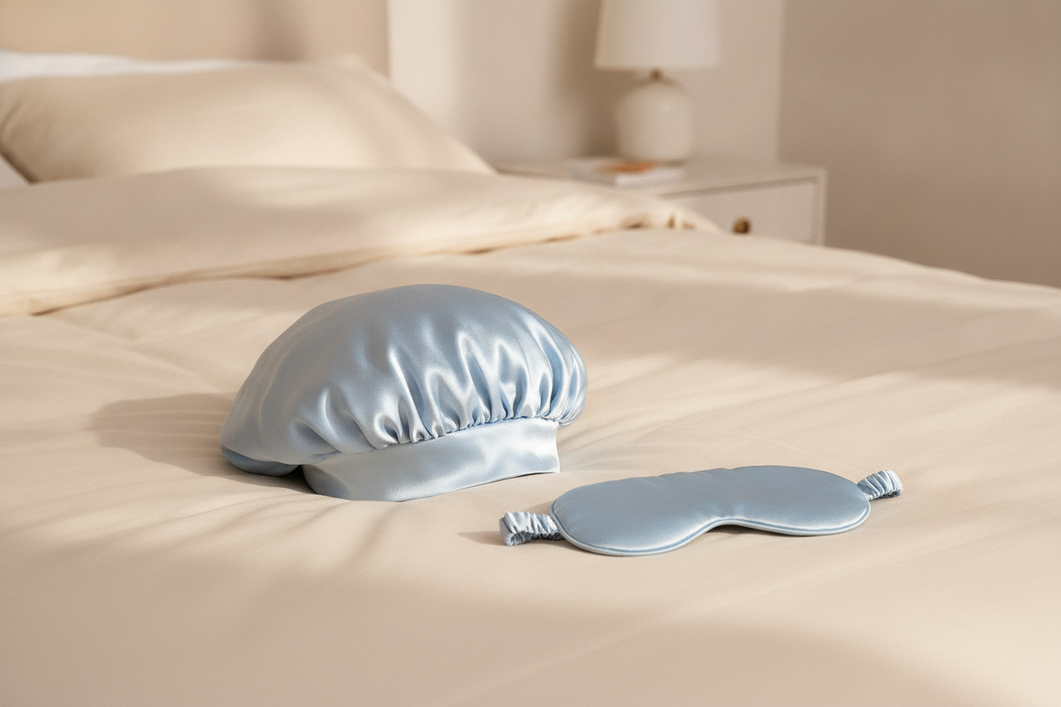 Silk bonnet arranged in a calm bedroom setting for an overnight hair-care routine