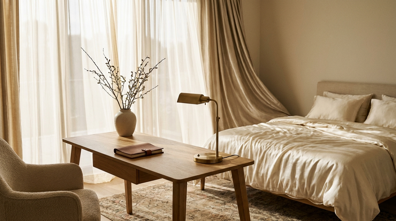 Serene home office corner with silk bedding and natural light