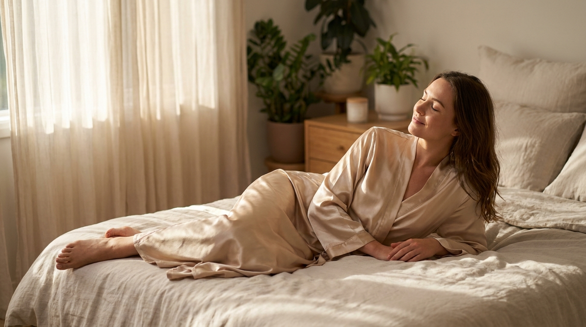 Woman resting peacefully in silk sleepwear in softly lit bedroom