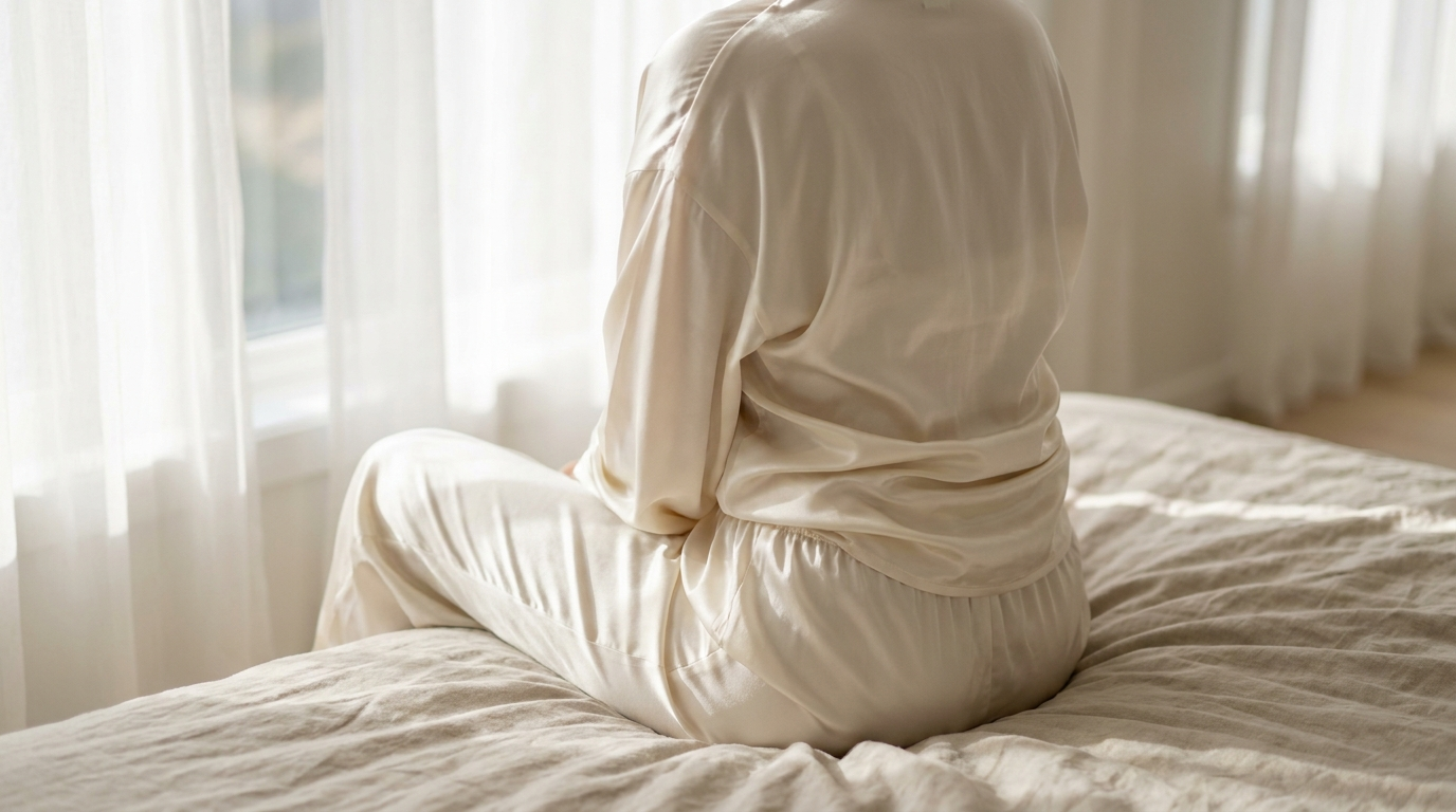 Woman wearing ivory silk pajamas sitting on bed in soft natural light