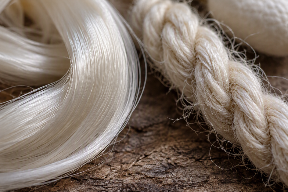 Smooth, continuous filament silk yarn beside softly textured spun silk yarn made from shorter fibers.