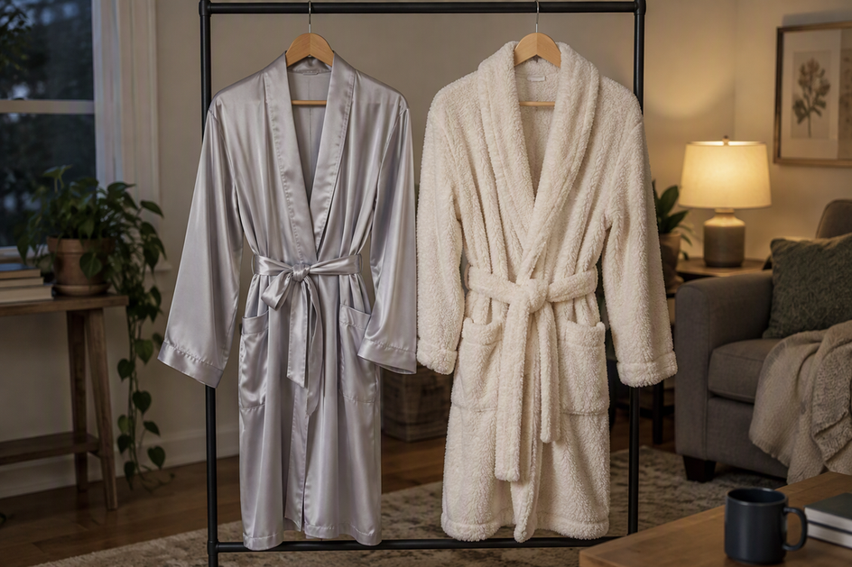 Two men's robes with visibly different fabric textures hang side by side in a calm evening setting.