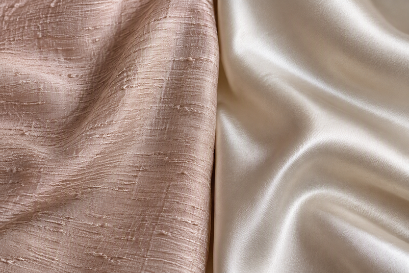 Two silk swatches side by side, one softly textured and matte and the other smooth with a subtle sheen.