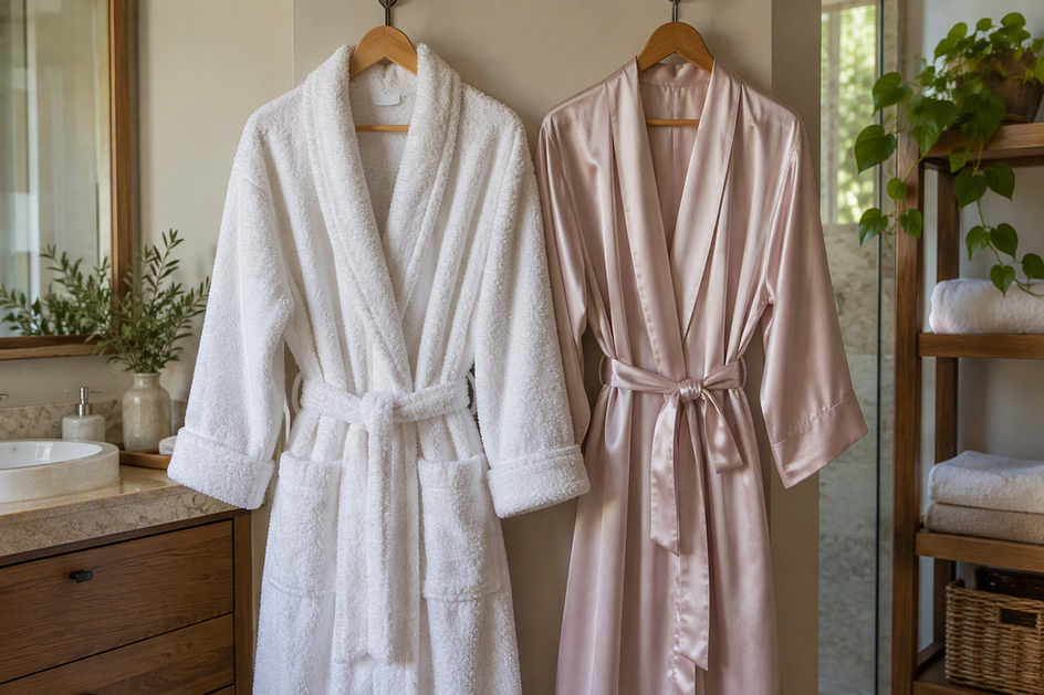 A terry bathrobe and a silk robe shown side by side in a bathroom dressing area.