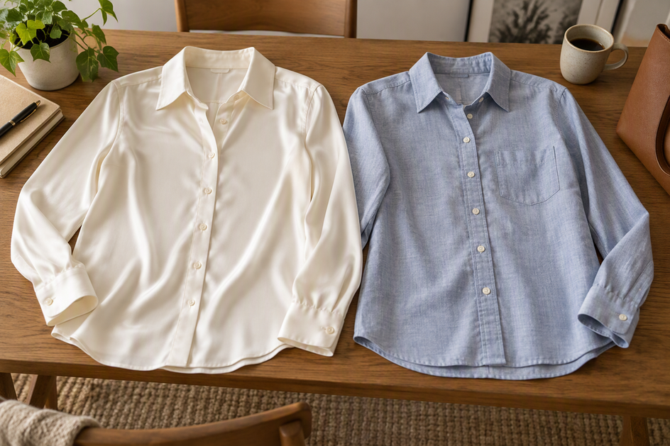 A silk button-up and a cotton Oxford side by side, showing two distinct workwear looks.