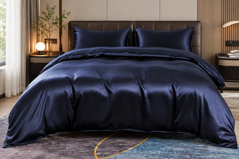 Dark-blue silk duvet cover set dressed on a bed; the set is a cover and pillowcases, not a silk-filled insert.