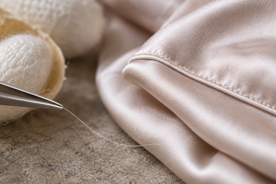 A silk filament beside folded silk sleepwear fabric