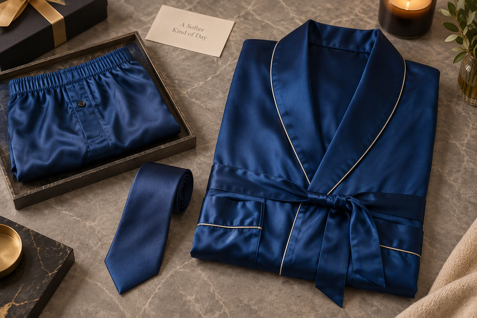 A dark-blue belted silk robe alongside silk boxers and a silk tie as three gift options for him.