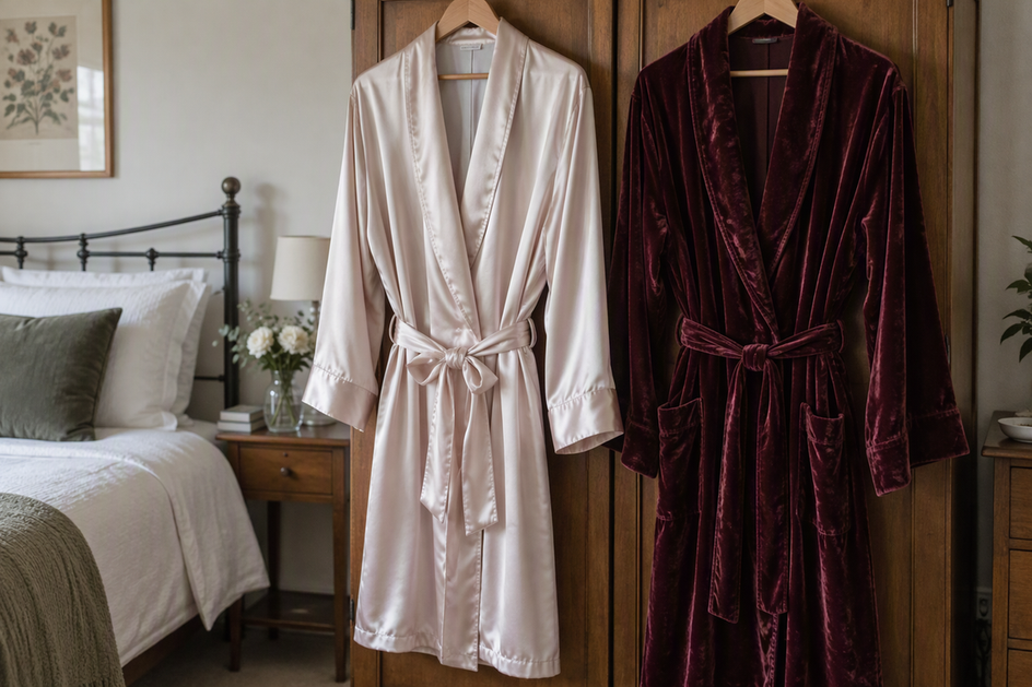 Silk and velvet dressing gowns shown side by side for a fabric comparison.