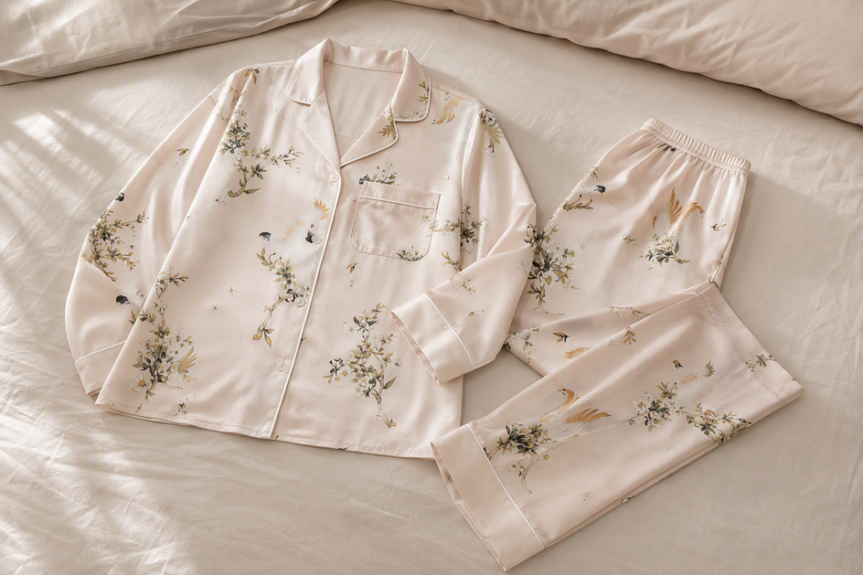 Complete silk pajama set neatly arranged on a softly lit bed with the shirt and pants clearly visible.